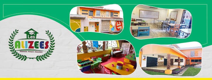Bannière de l'école présentant le logo et des photos des classes